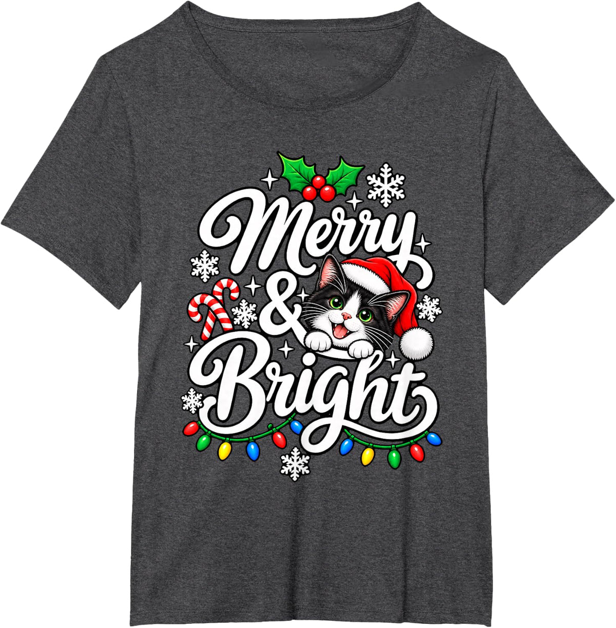 Tuxedo Cat Merry Bright Christmas Xmas Mom Dad Santa T-Shirt - Dark Heather Grey