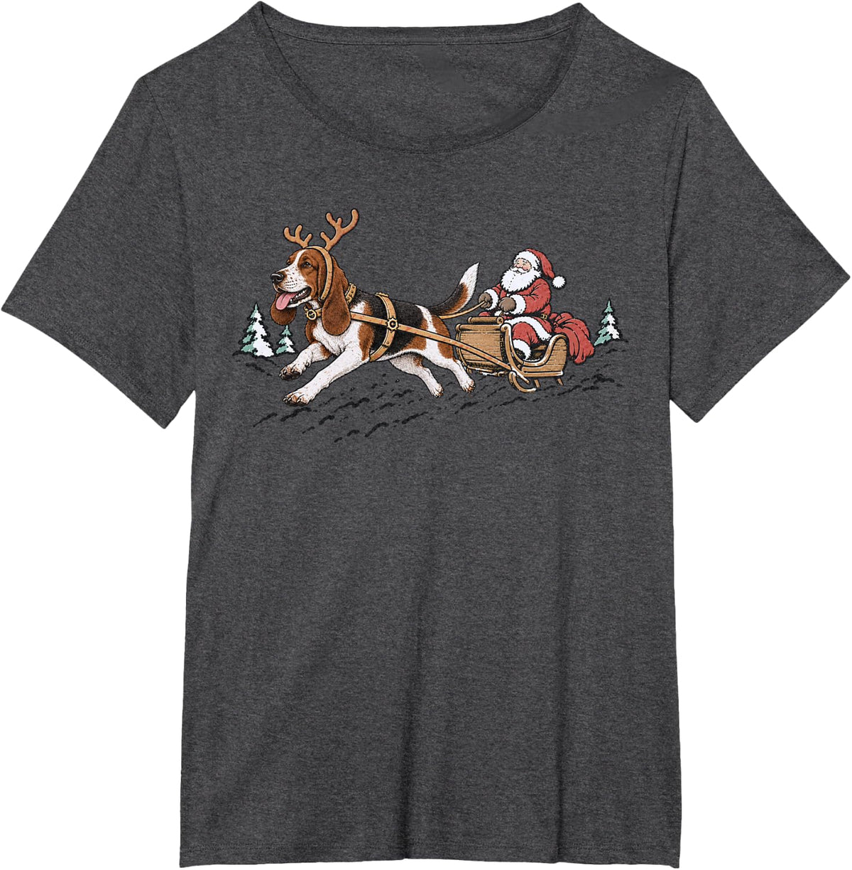 Basset Hound Sleighing Santa Claus Christmas Dog Lover T-Shirt - Dark Heather Grey