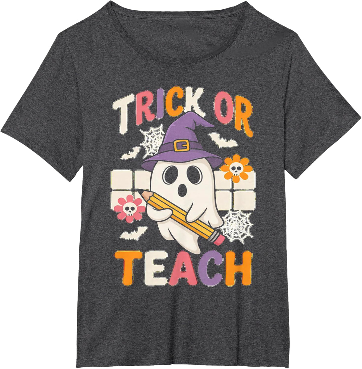Trick Or Teach Groovy Teacher Halloween Retro Floral Ghost T-Shirt - Dark Heather Grey