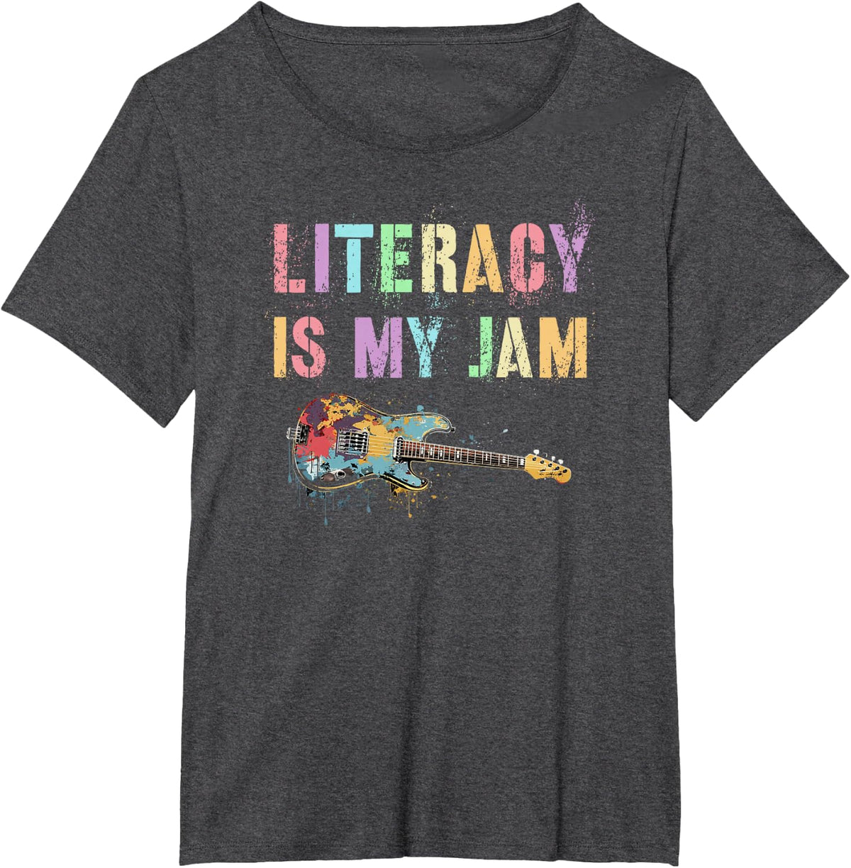 Vintage LITERACY IS MY JAM Teacher Library Rockstar Reading T-Shirt - Dark Heather Grey