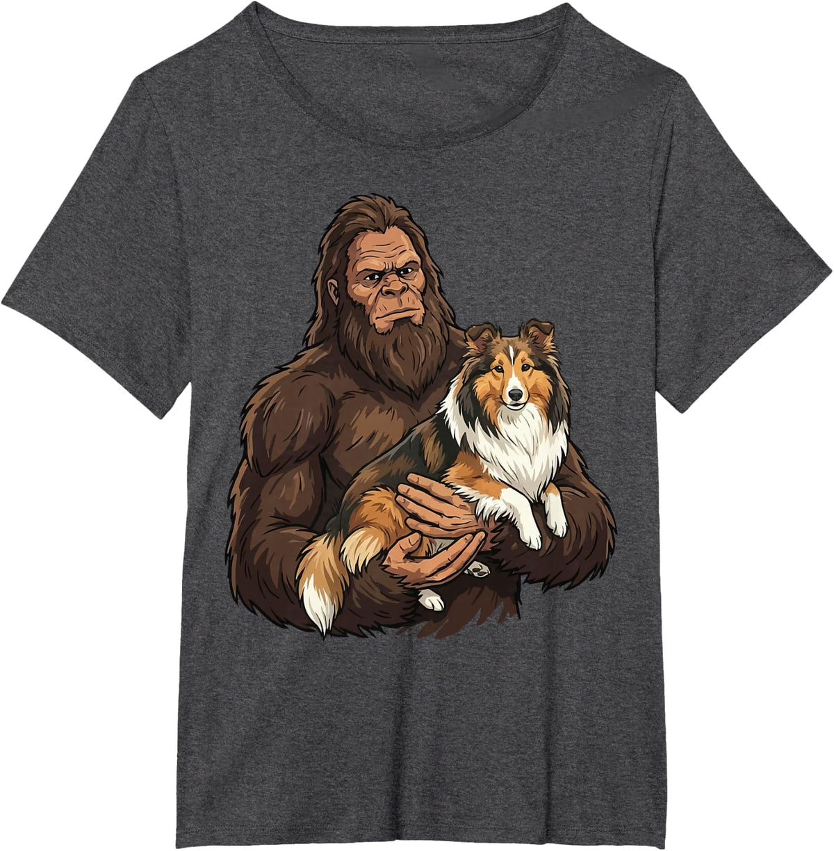 Bigfoot Holding Shetland Sheepdog T-Shirt - Dark Heather Grey