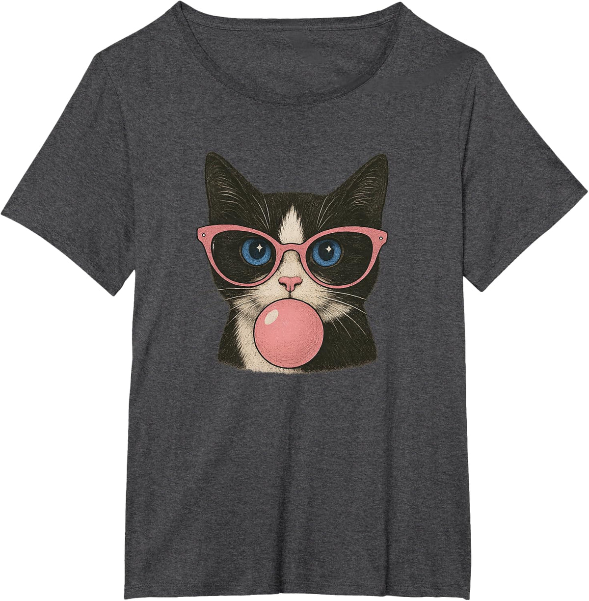 Funny Cat with Pink Glasses & Bubble Gum Retro Vintage Cats T-Shirt - Dark Heather Grey