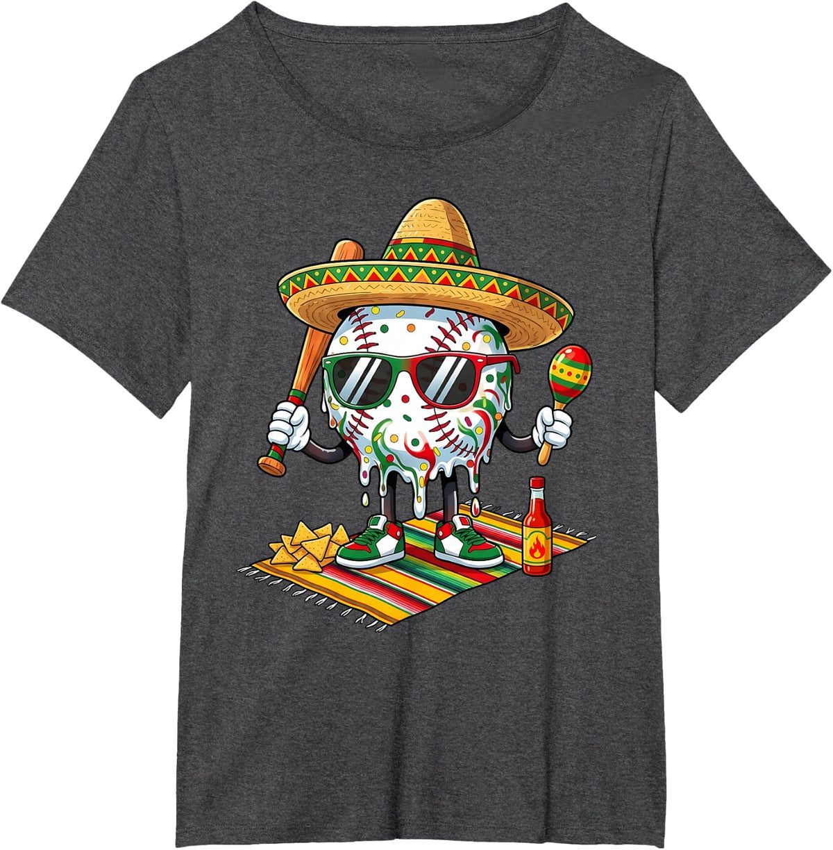 Baseball Drip Ice Cream Sombrero Mexican Cinco De Mayo Tees T Shirts - Dark Heather Grey
