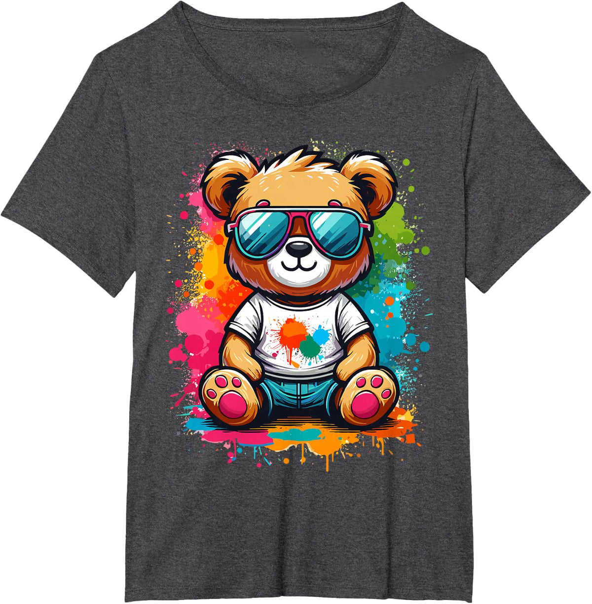 Teddy Bear Colorful with Sunglasses Teddy Bear T-Shirt - Dark Heather Grey