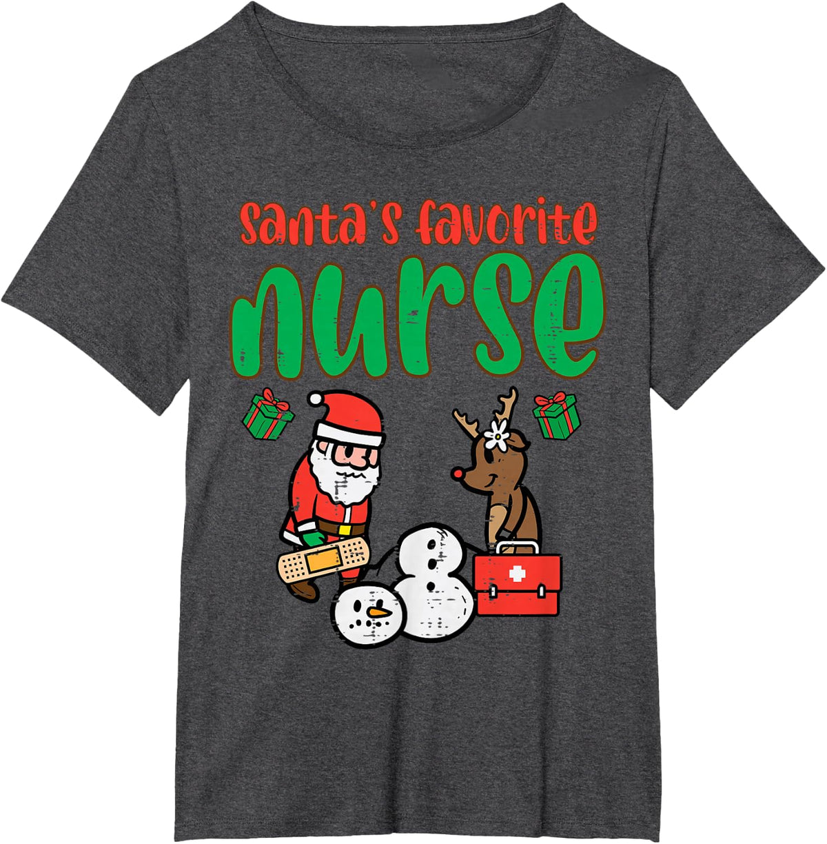 Santas Favorite Nurse Christmas Xmas Nursing Scrub Top Women T-Shirt - Dark Heather Grey