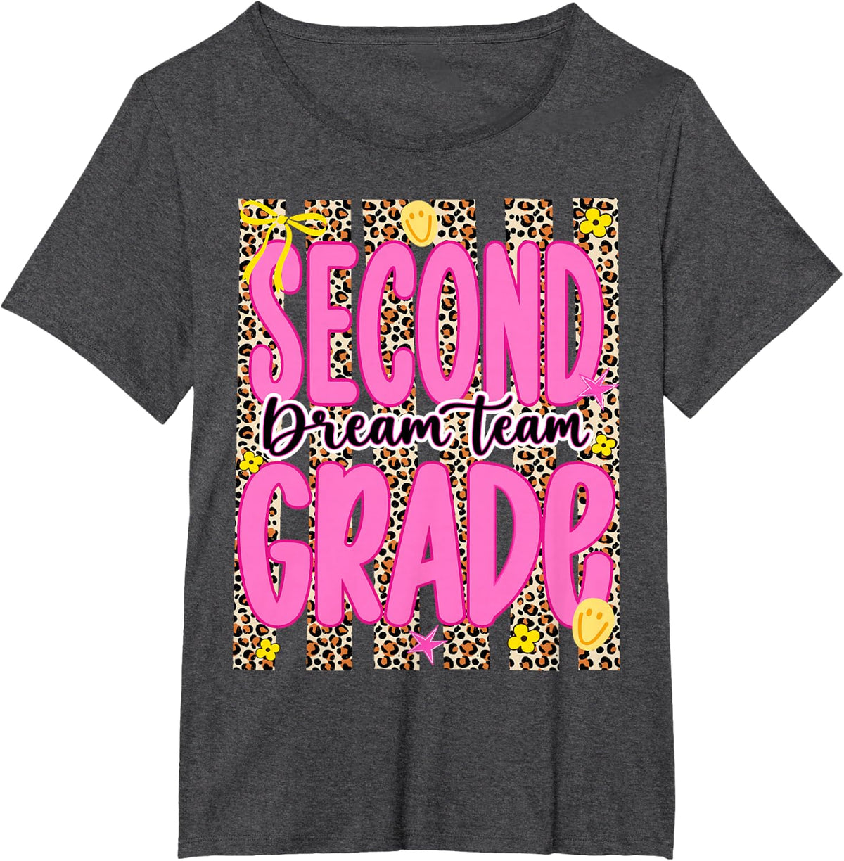 Striped 2nd Grade Dream Team Back to School Teacher Leopard T-Shirt - Dark Heather Grey