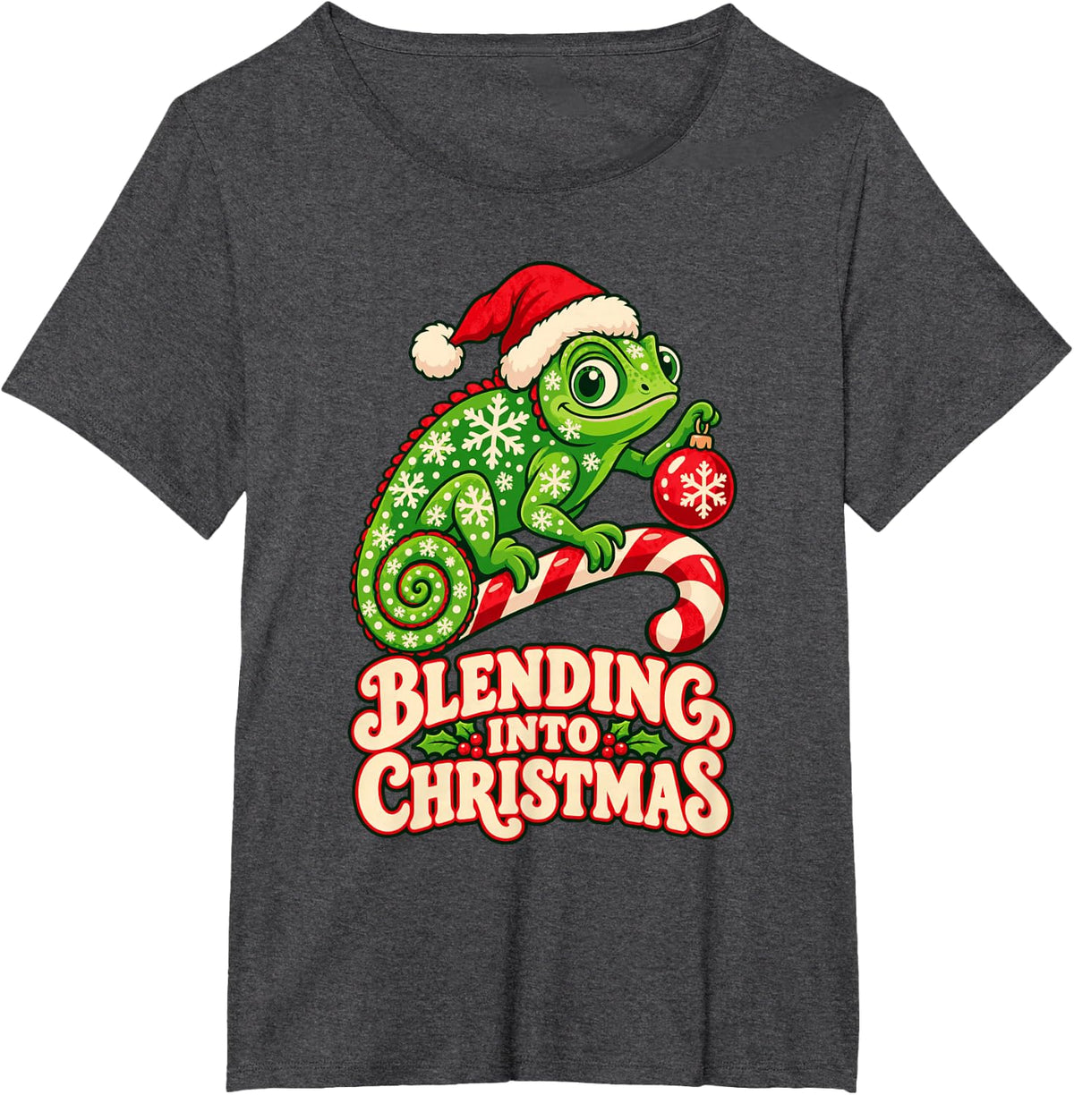 Christmas Chameleon with Santa Hat and Xmas Candy T-Shirt - Dark Heather Grey
