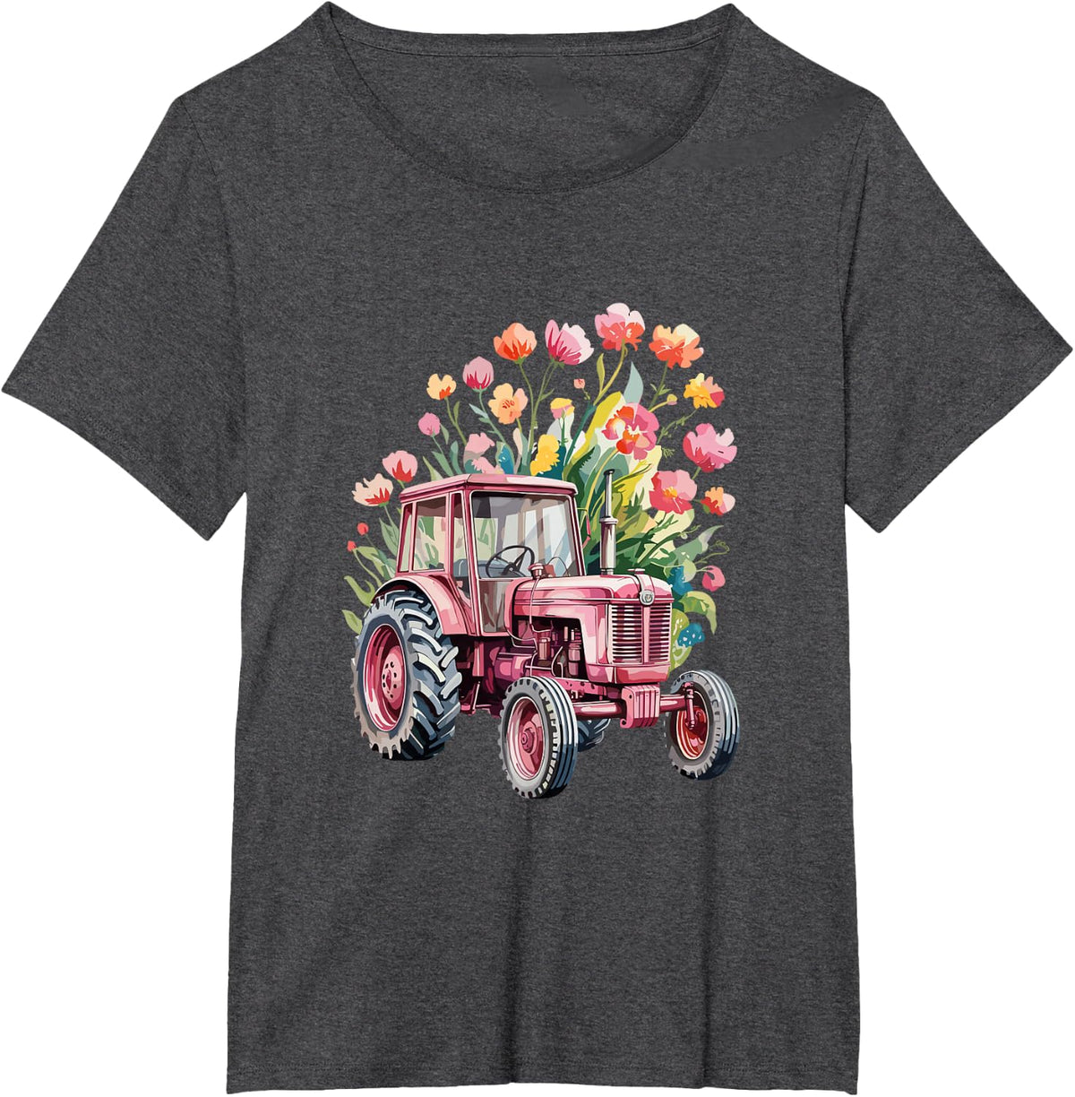 Floral Flower Pink Tractor Country Farm Girl T-Shirt - Dark Heather Grey