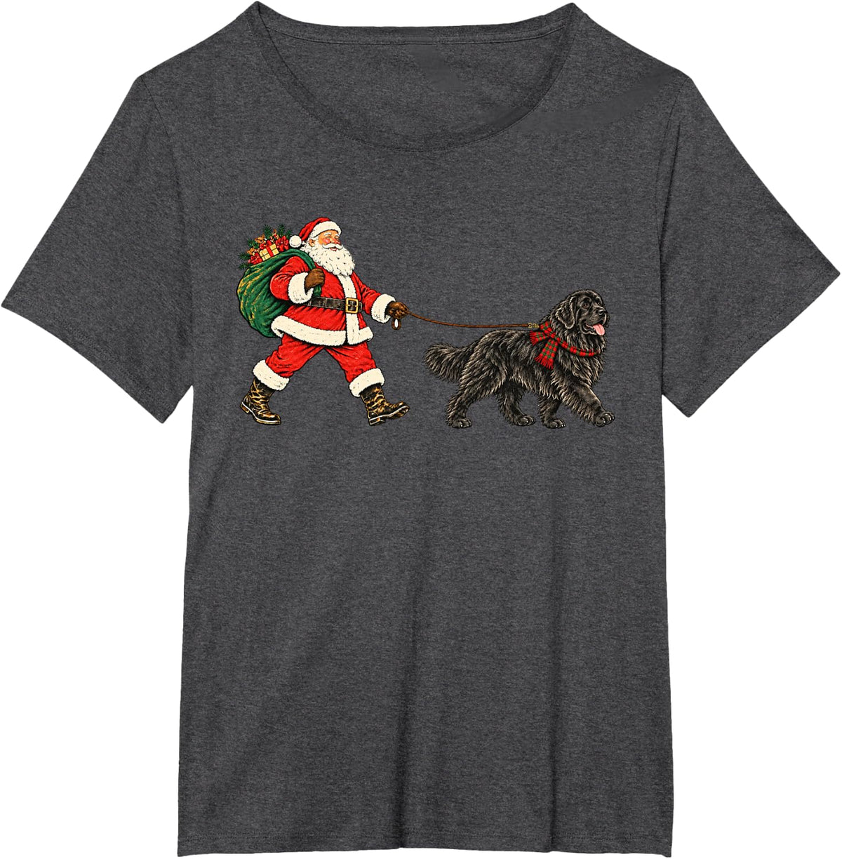 Retro Funny Santa Walking Newfoundland Dog Reindeer Xmas T-Shirt - Dark Heather Grey