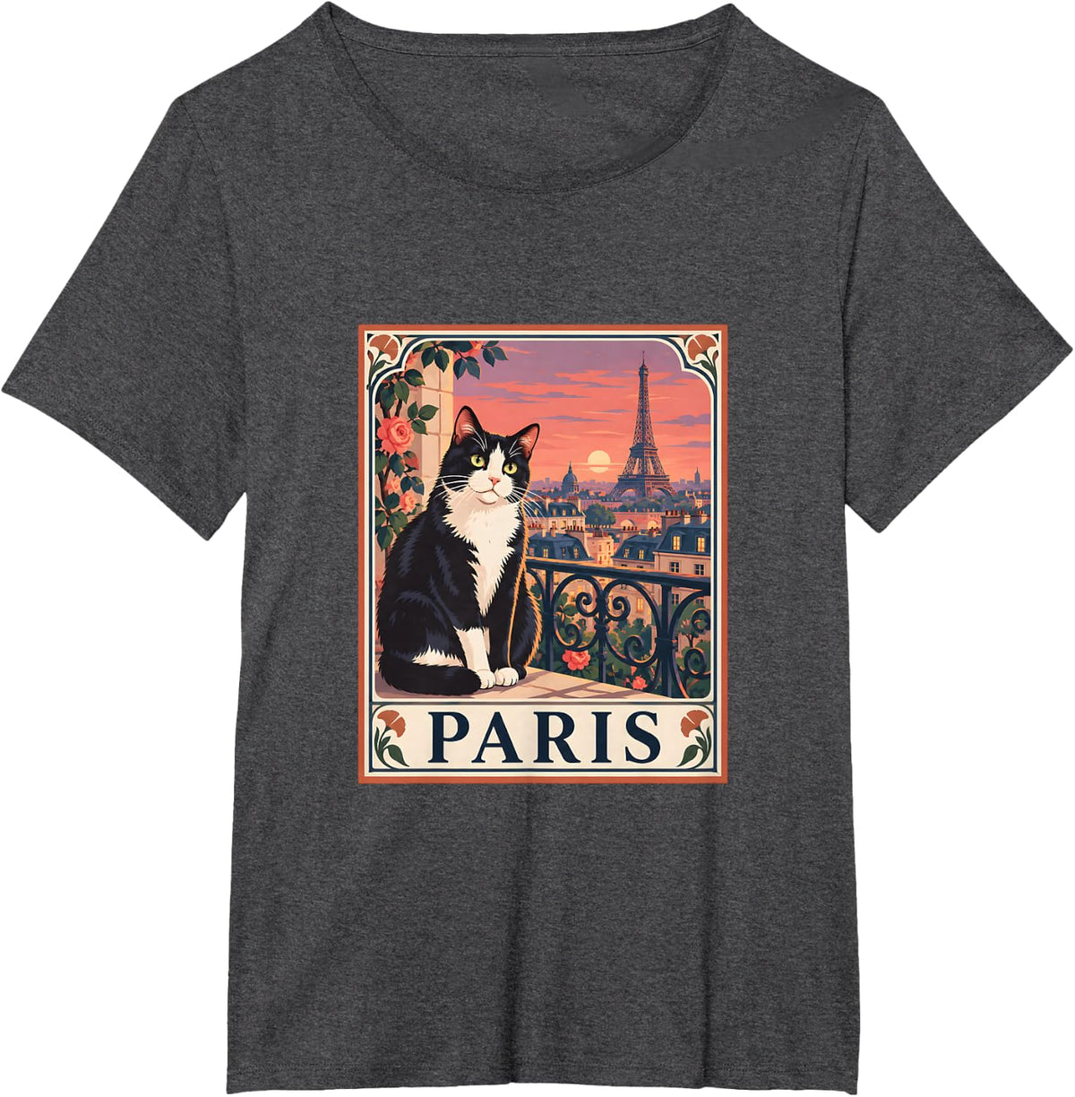 Paris France Tuxedo Cat Vintage Travel T-Shirt - Dark Heather Grey