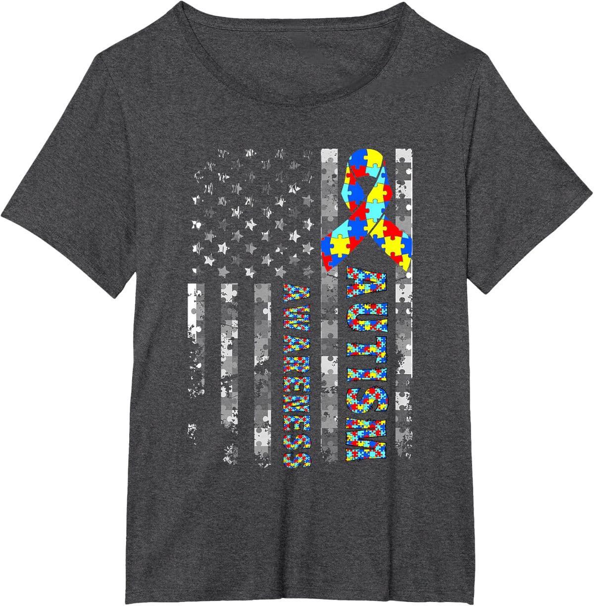 Autism Awareness Mom Dad USA Flag Autism T-Shirt - Dark Heather Grey