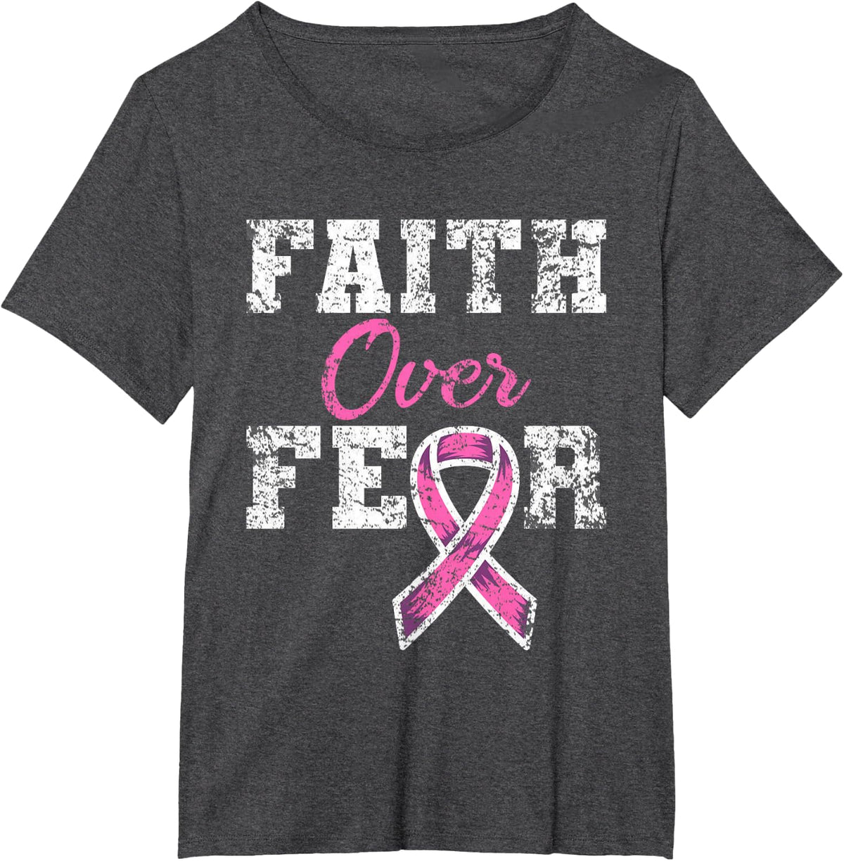 Faith Over Fear Breast Cancer Awareness T-Shirt Tee for Women Men Kids - Dark Heather Grey