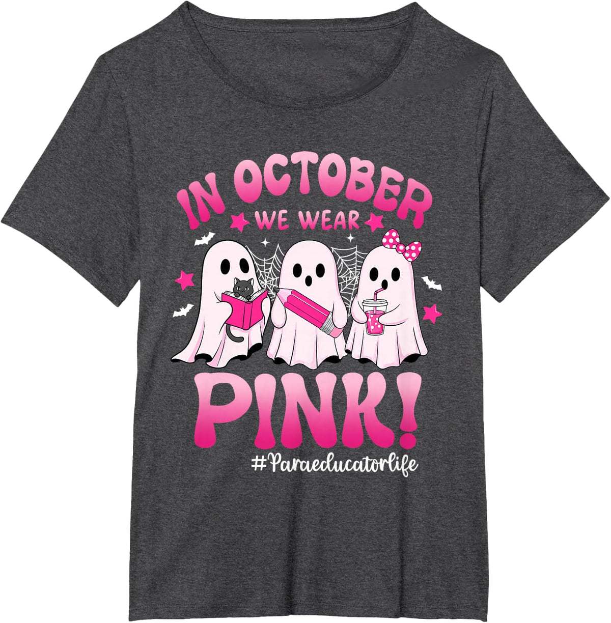 in October We Wear Pink Breast Cancer Paraeducator Life T-Shirt - Dark Heather Grey