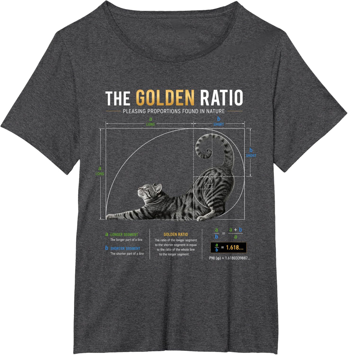 Golden Ratio Cat Math Fibonacci Nature Geometry Design T-Shirt - Dark Heather Grey