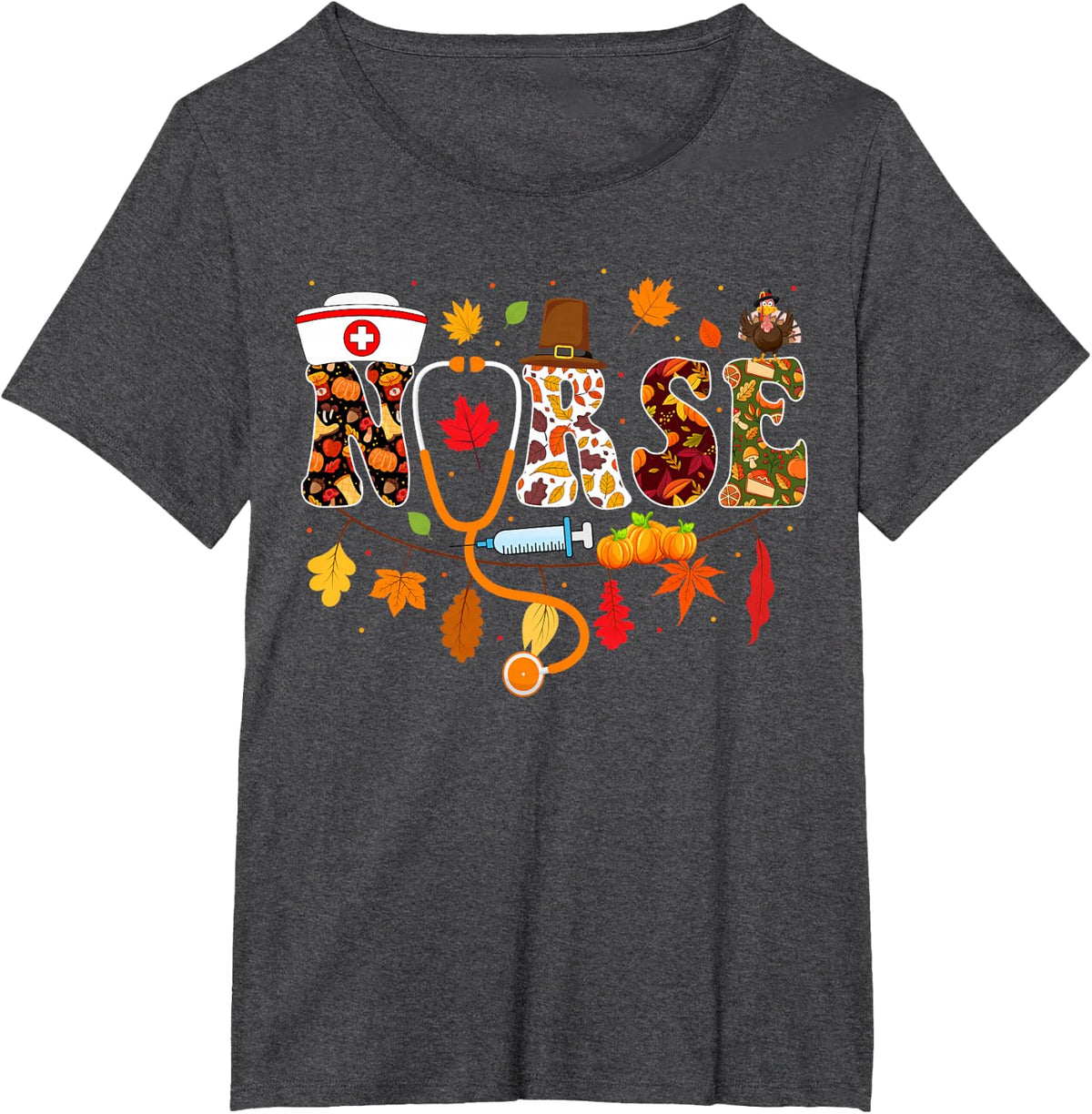 Thanksgiving Nurse Fall Nursing Thanksgiving Nurse Turkey RN T-Shirt - Dark Heather Grey