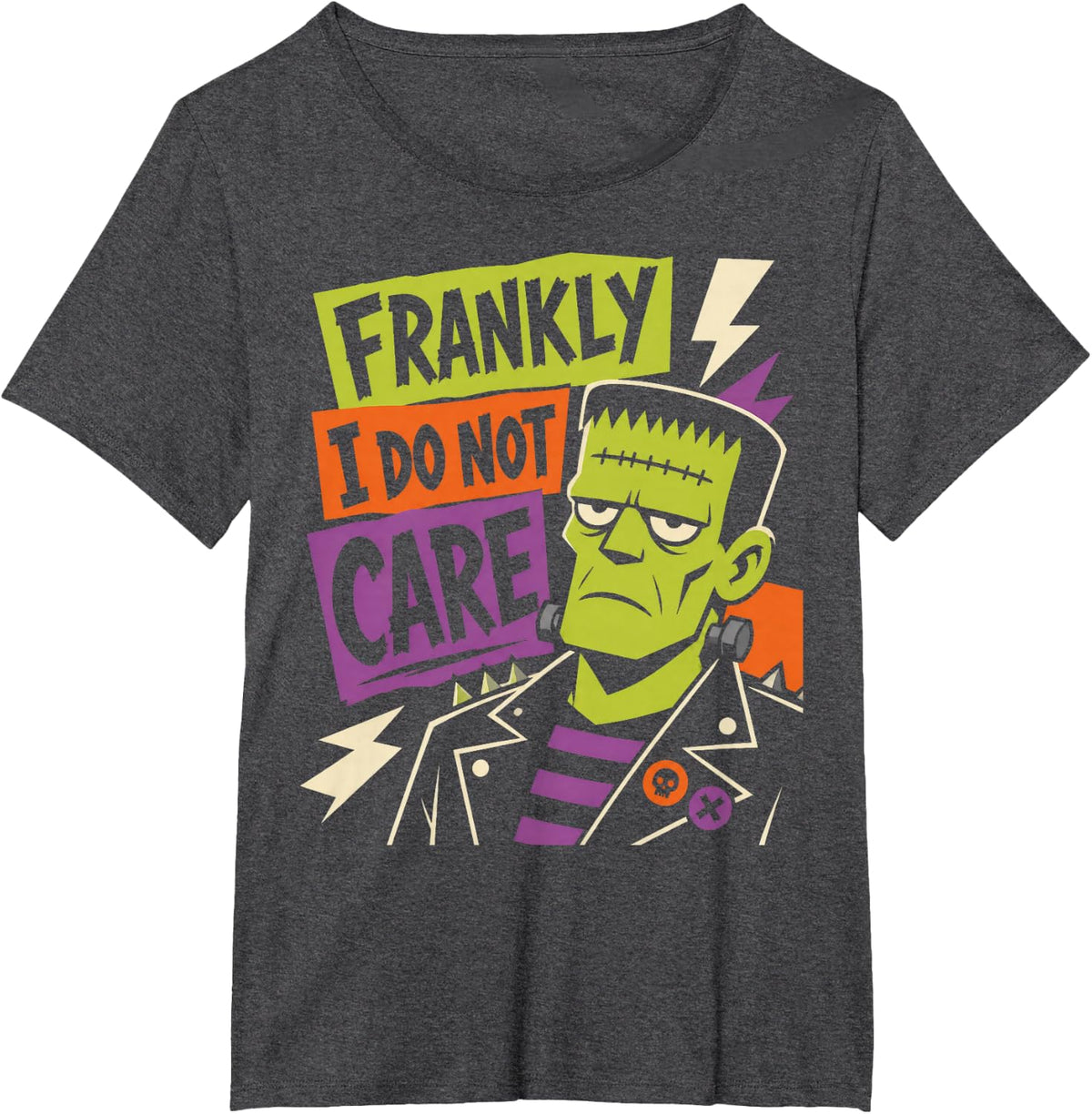 Frankly I Do Not Care Punk Frankenstein Sarcastic Halloween T-Shirt - Dark Heather Grey