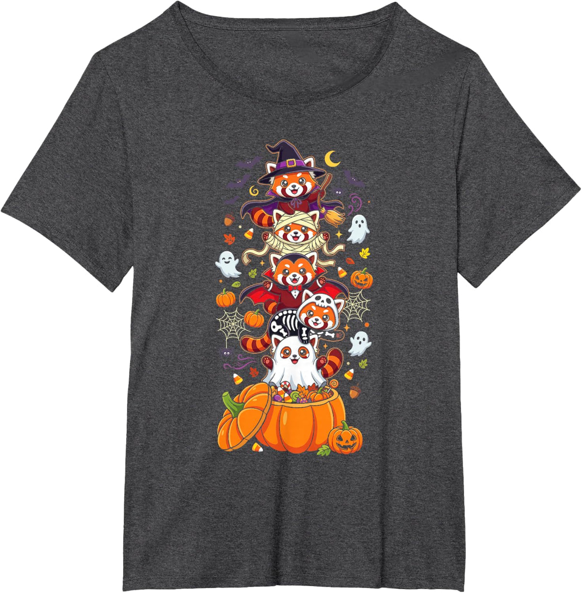 Red Panda Witch Vampire Ghost Halloween Kids Mens Womens T-Shirt - Dark Heather Grey