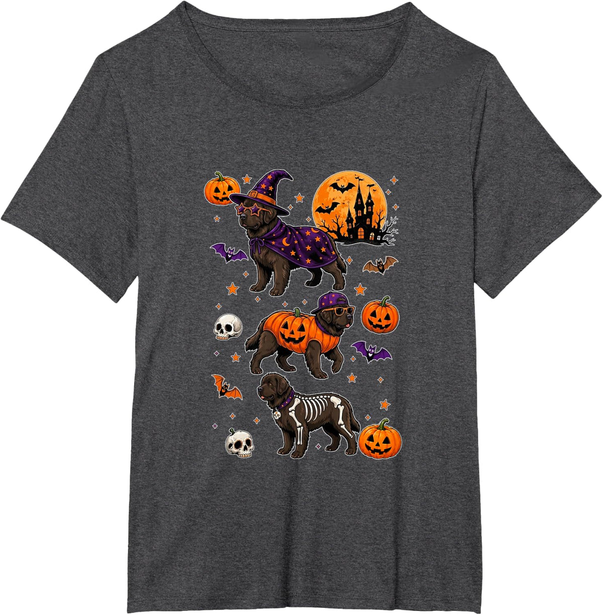 Three Cute Newfoundlands Cosplay Witch Skeleton Halloween T-Shirt - Dark Heather Grey