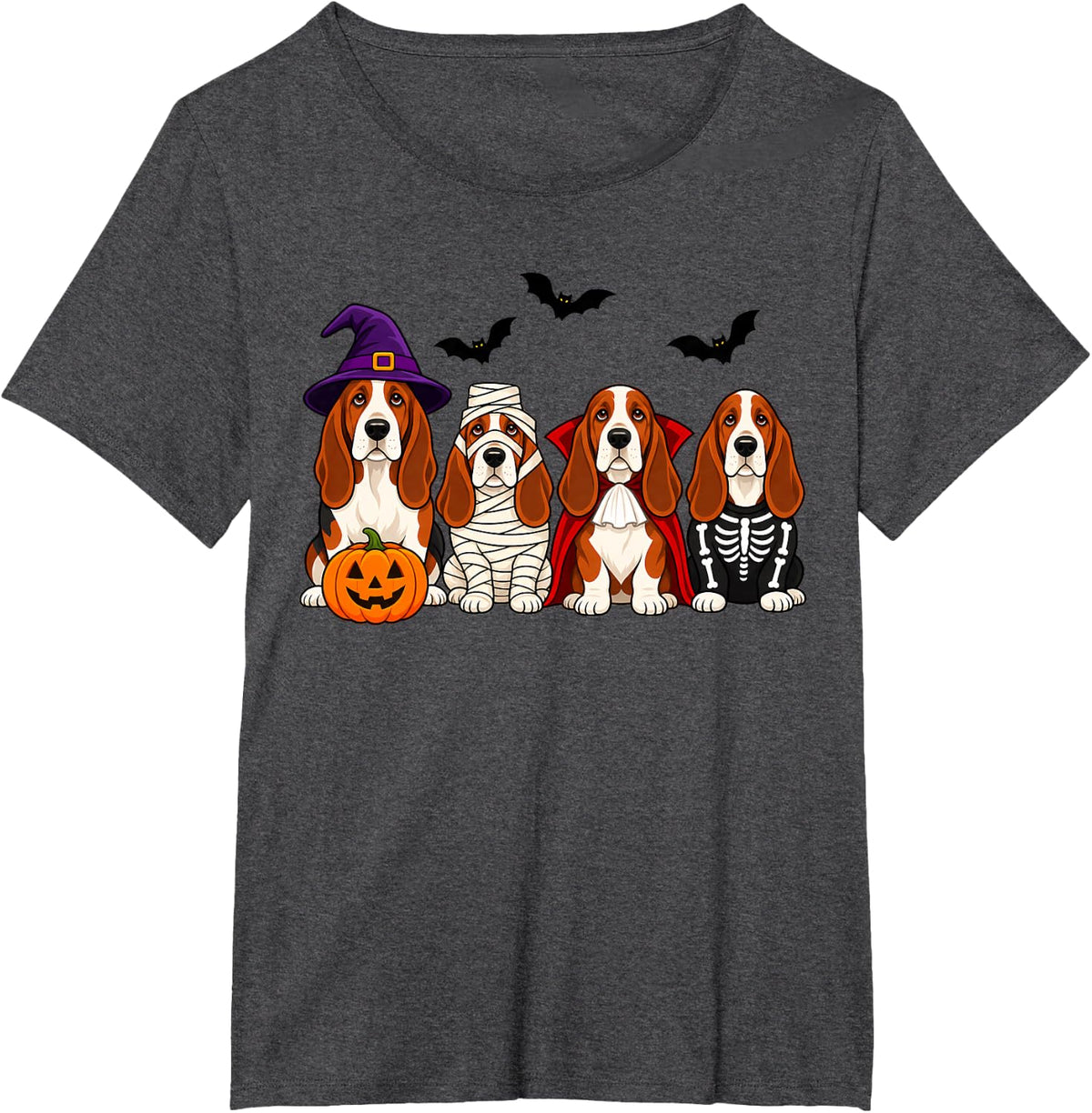 Basset Hound Ghost Witch Mummy Fall Dog Lover Halloween T-Shirt - Dark Heather Grey