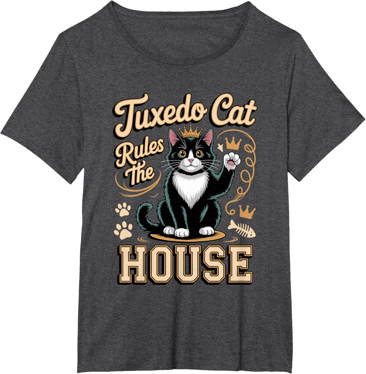 Tuxedo Cat Rules The House T-Shirt - Dark Heather Grey