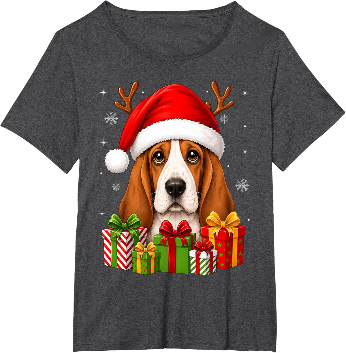 Basset Hound Dog Christmas Santa Hat Xmas Decor Cute Festive T-Shirt - Dark Heather Grey