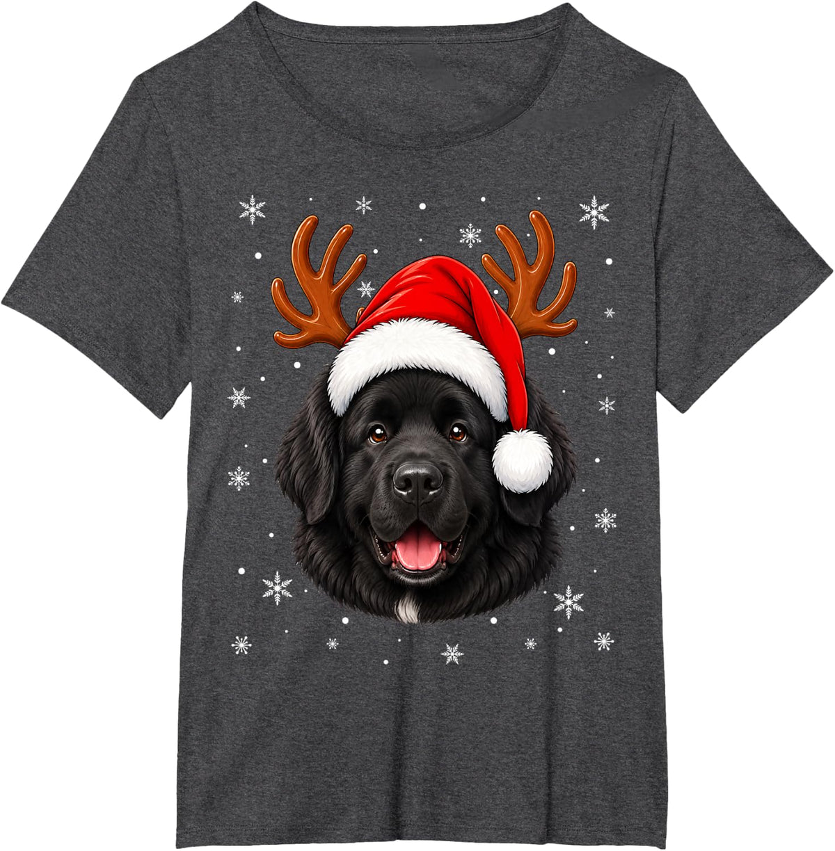Cute Reindeer Horn Santa Newfoundland Dog Christmas T-Shirt - Dark Heather Grey