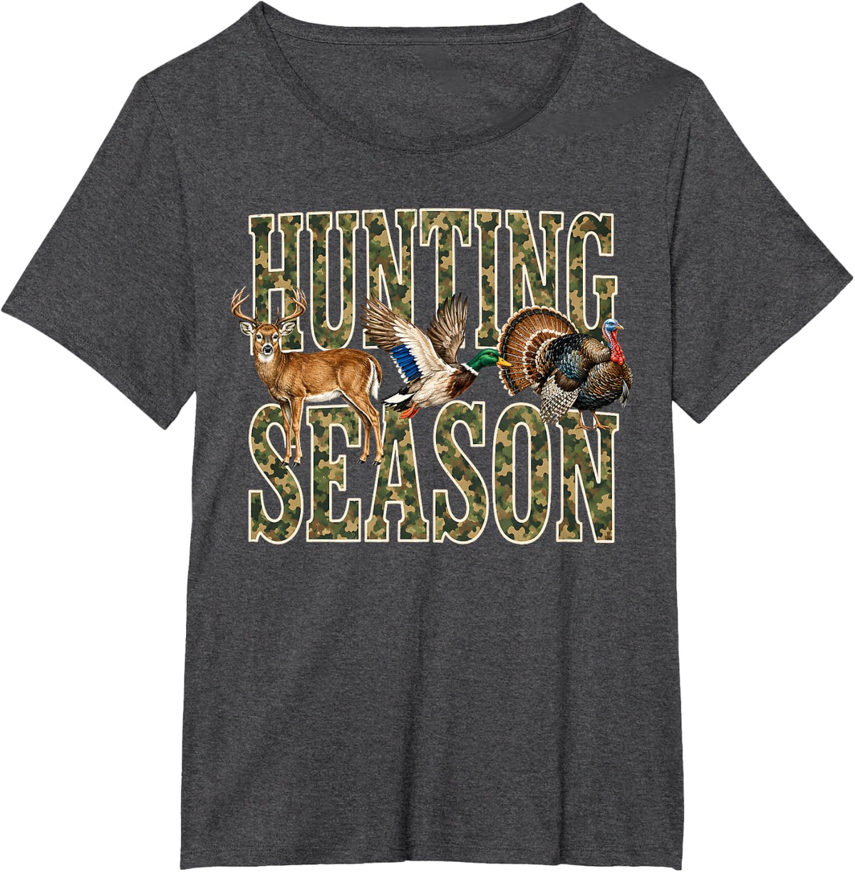 Hunting Season Camo Deer Duck Turkey Wildlife Hunter T-Shirt - Dark Heather Grey
