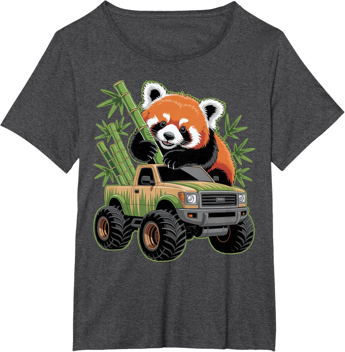 Cute Red Panda Monster Truck with Bamboo T-Shirt - Dark Heather Grey