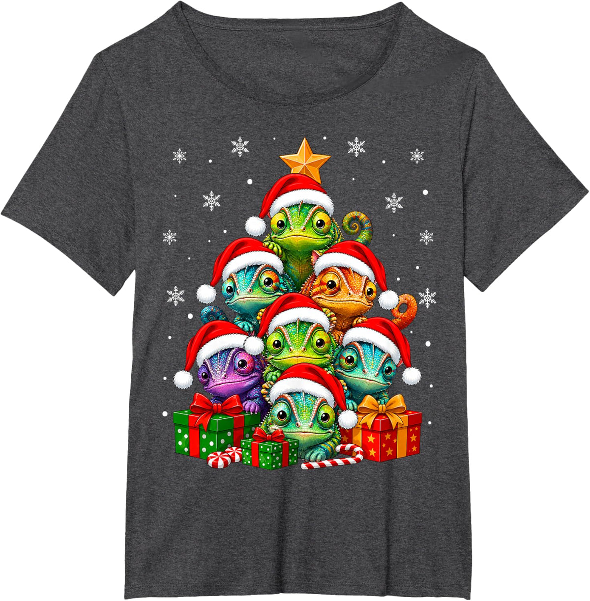 Chameleon Christmas Tree Cute Animal Festive Santa Xmas T-Shirt - Dark Heather Grey