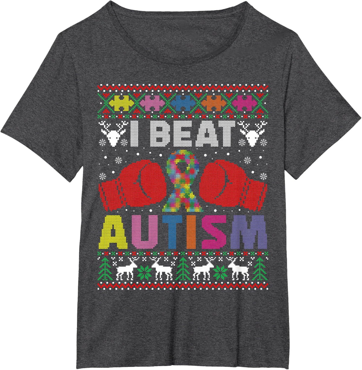 I Beat Autism Awareness Christmas Ugly Sweater T-Shirt Tee for Men Women Kids - Dark Heather Grey
