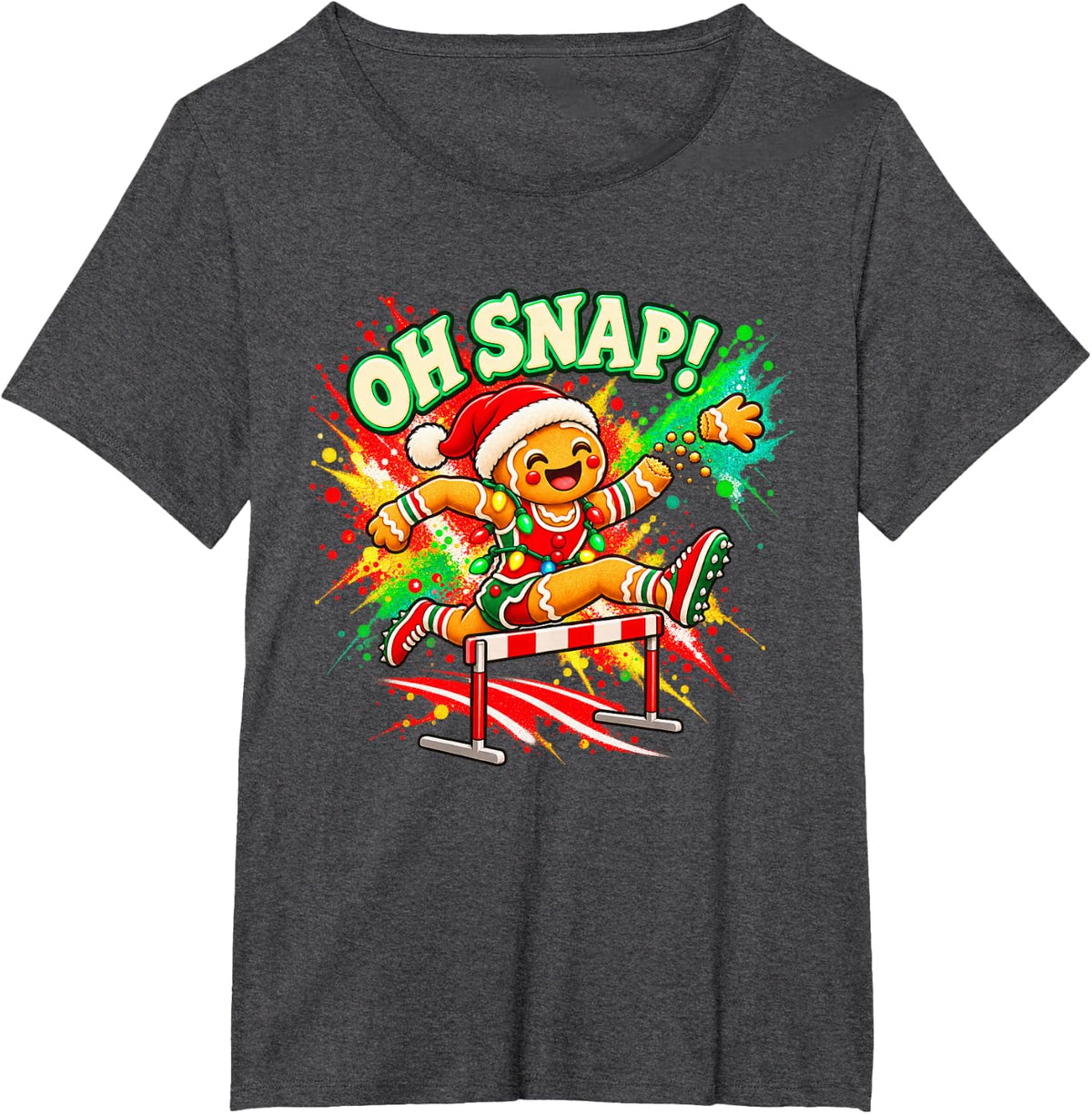 Oh Snap Gingerbread Track and Field Christmas Colorful T-Shirt - Dark Heather Grey