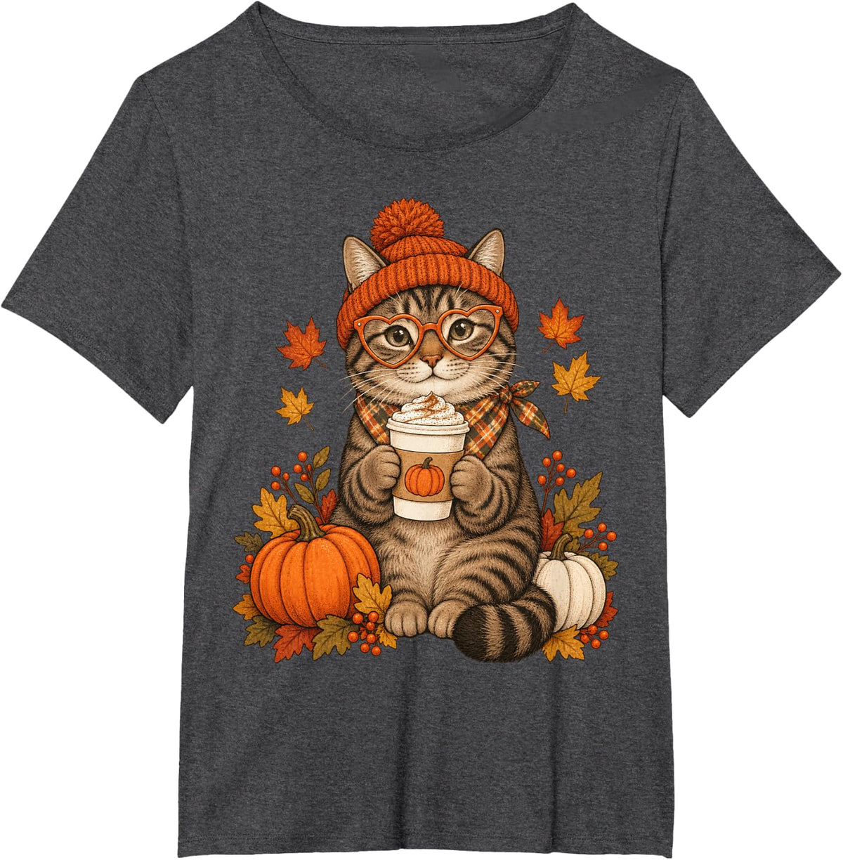 Brown Tabby Cat Fall Autumn Season Pumpkin Spice T-Shirt - Dark Heather Grey
