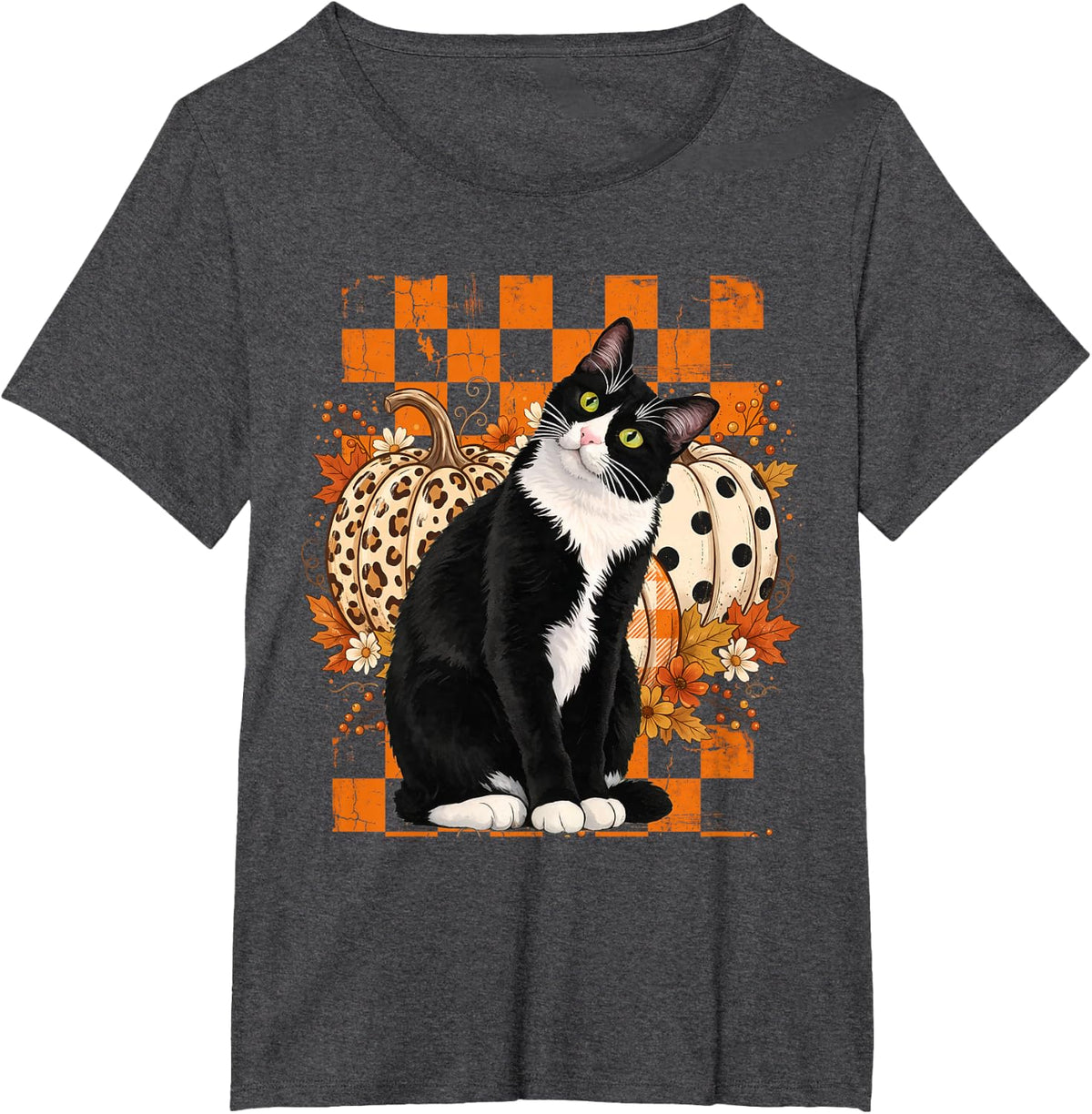 Tuxedo Cat Autum Fall Halloween Pumpkins Flowers Checkerbrd T-Shirt - Dark Heather Grey