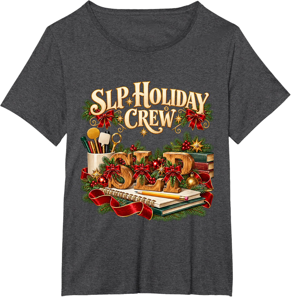 SLP Holiday Crew Christmas Speech Therapist Desk Books T-Shirt - Dark Heather Grey