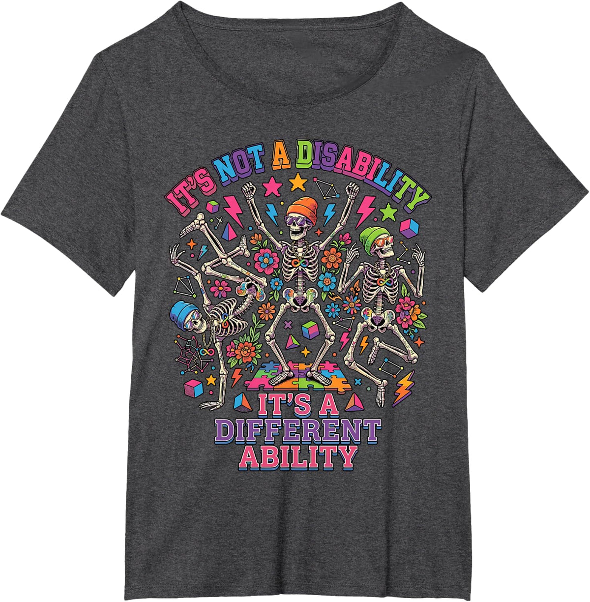 Autism Awareness Different Ability Retro Dancing Skeletons T-Shirt - Dark Heather Grey