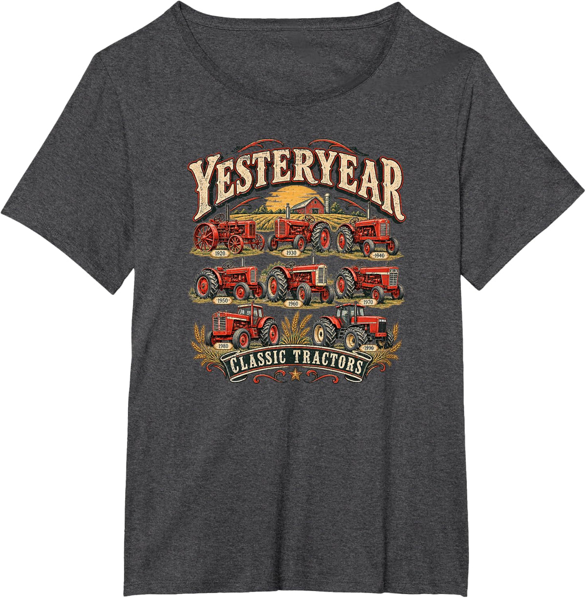 Yesteryear Classic Tractors Red Farm Machinery Decades T-Shirt - Dark Heather Grey