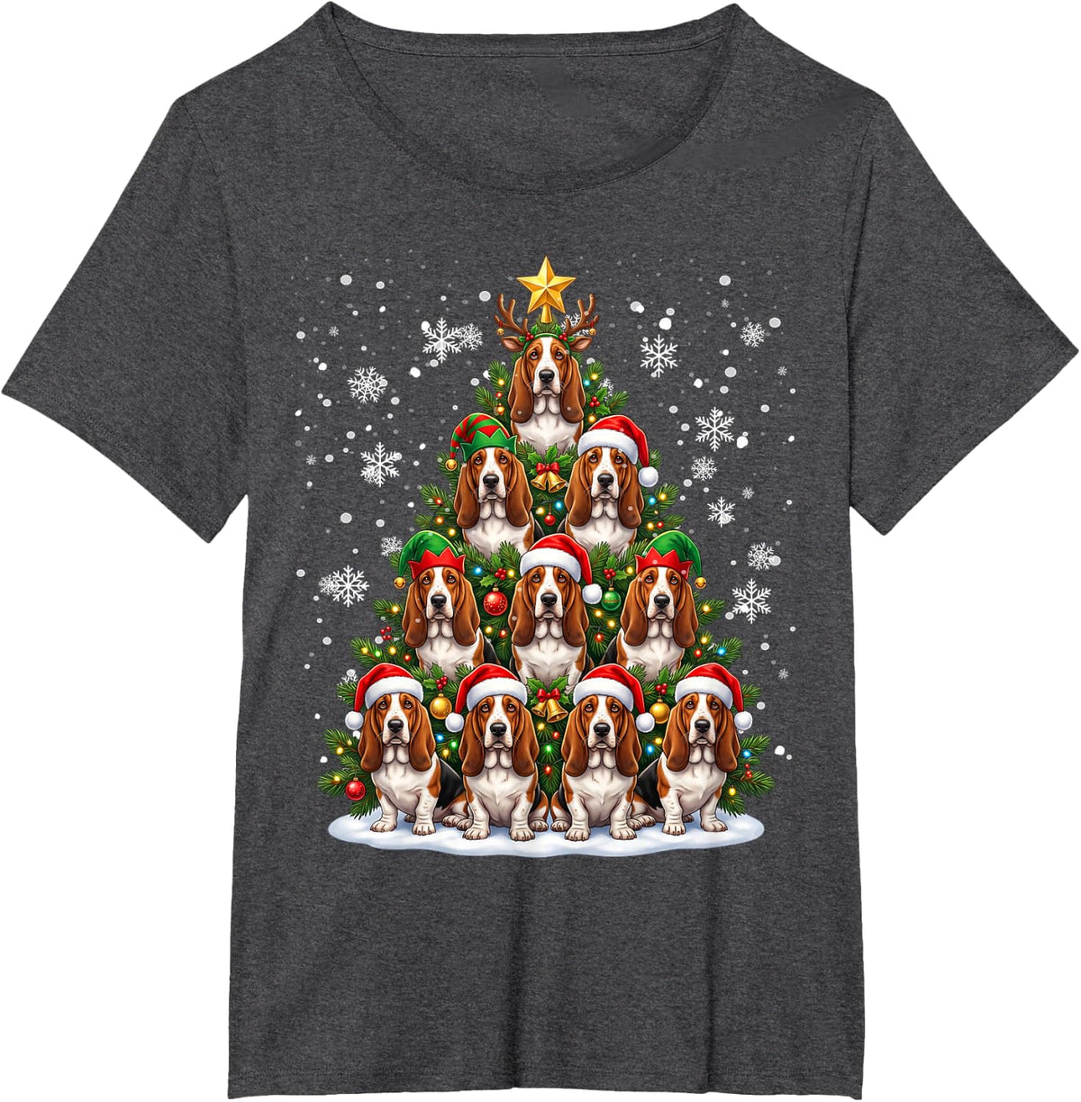 Funny Christmas Tree Basset Hound Family Xmas Pajamas T-Shirt - Dark Heather Grey