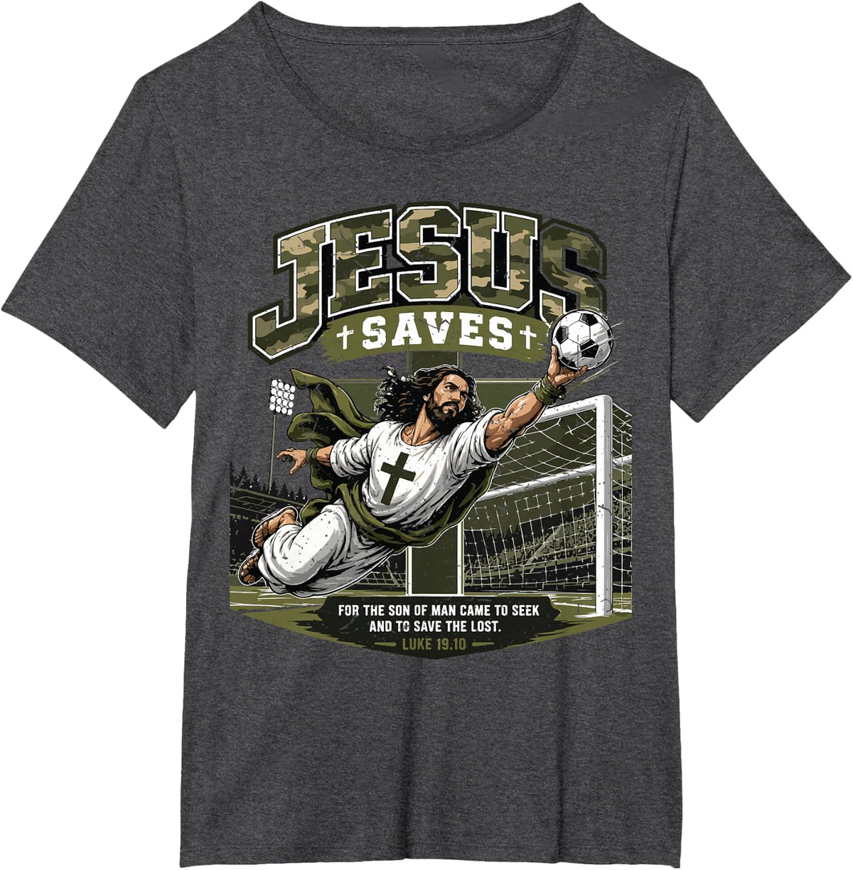 Youth Camo Christian Soccer Jesus Saves Tee Religious Soccer T-Shirt for Boys - Dark Heather Grey