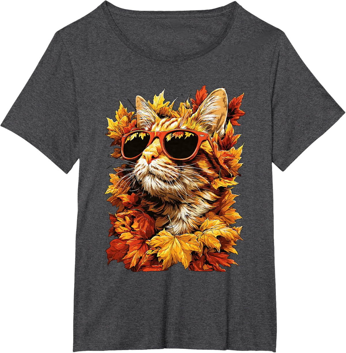 Orange Tabby Cat with Sunglasses Autumn Leaves Fall Animal T-Shirt - Dark Heather Grey