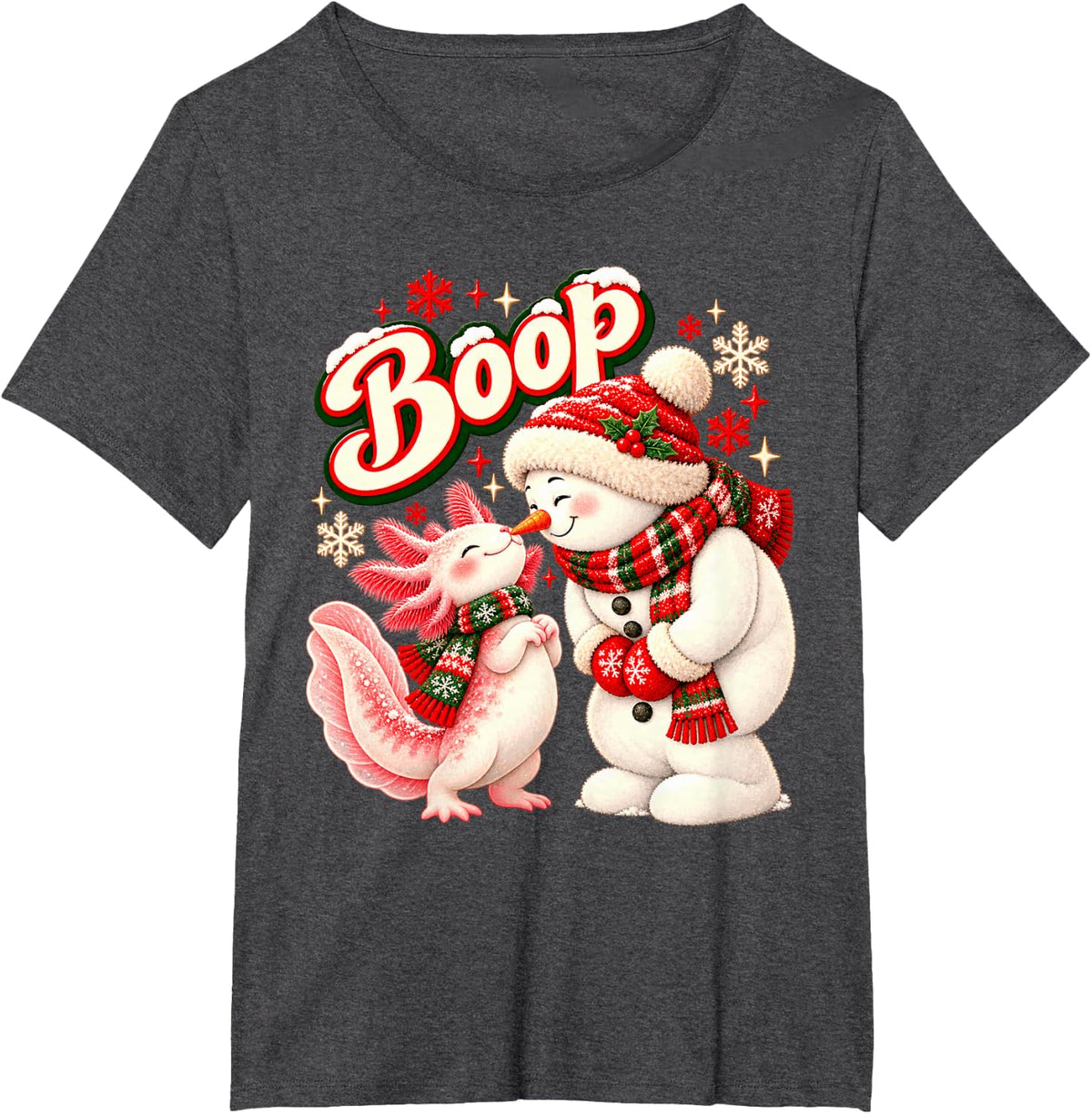 Boop Axolotl Snowman Playful Christmas Friends T-Shirt - Dark Heather Grey