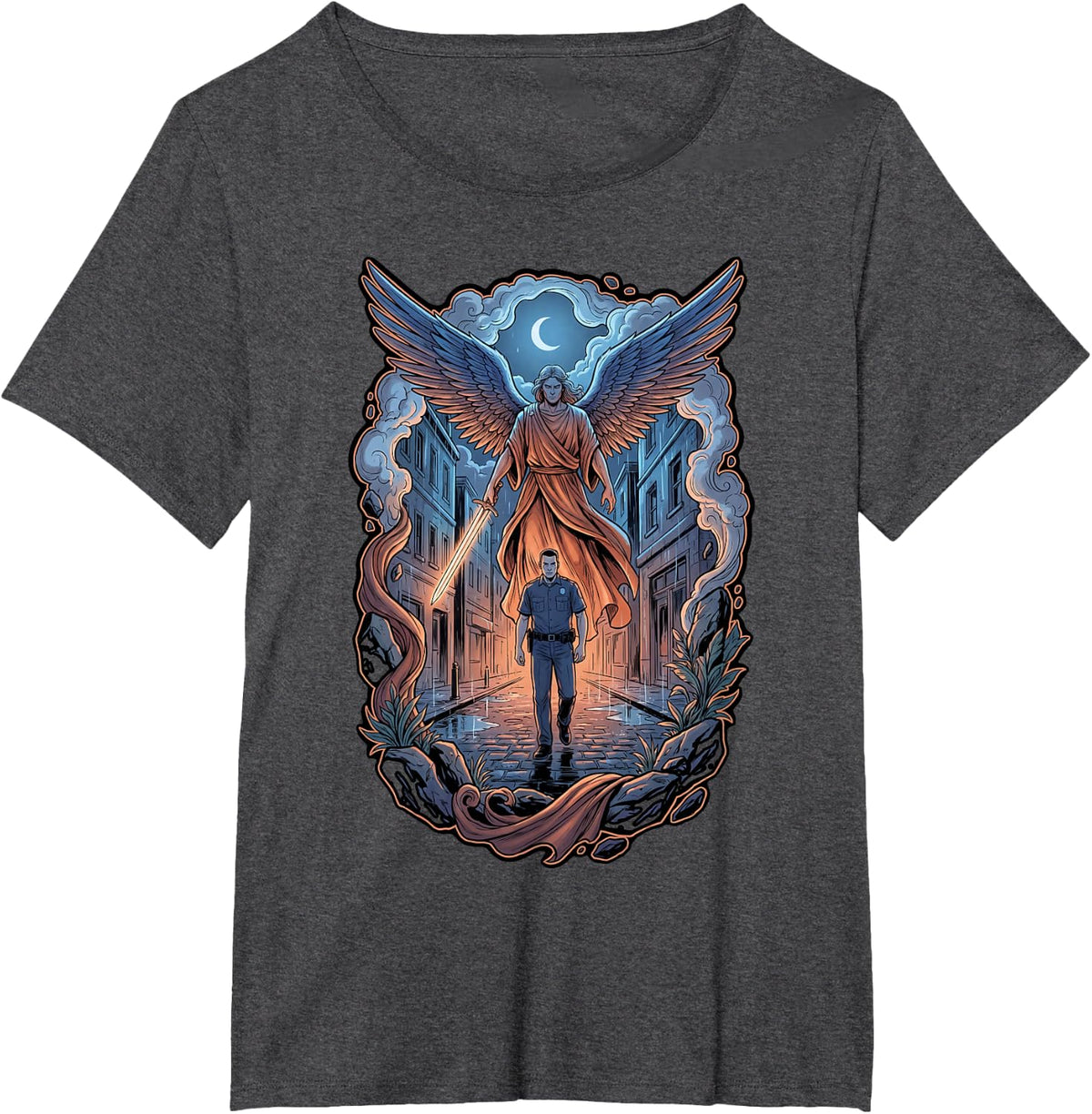 Archangel Guarding Police Officer on Rainy Street Catholic T-Shirt - Dark Heather Grey