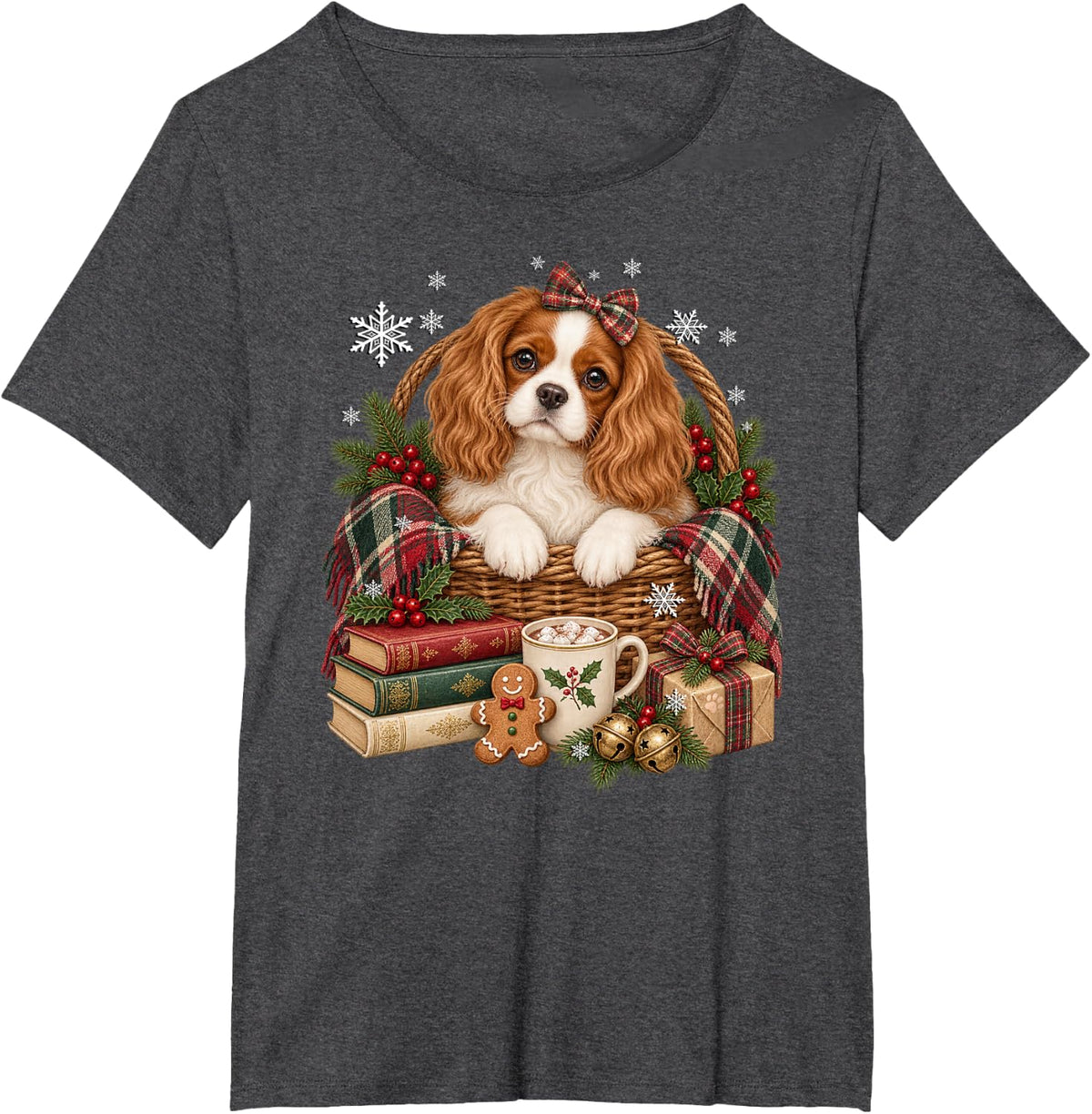 Christmas Cocoa and Books Cavalier King Charles Spaniel Dog T-Shirt - Dark Heather Grey