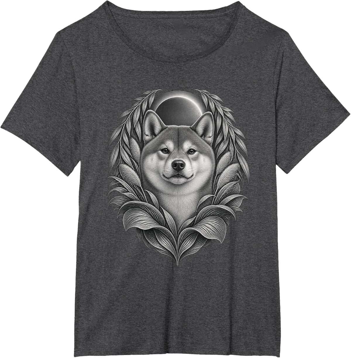Monochrome Shiba Inu with Eclipse and Layered Leaves T-Shirt - Dark Heather Grey