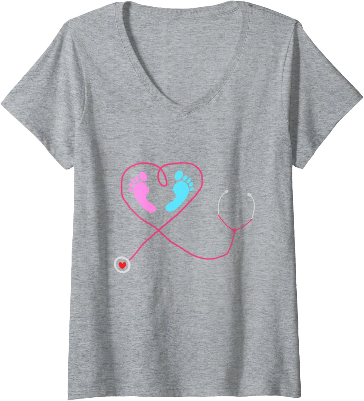 Women's Baby Feet Stethoscope Neonatal Nurse Nursing NICU Nurse V-Neck T-Shirt - Heather Grey