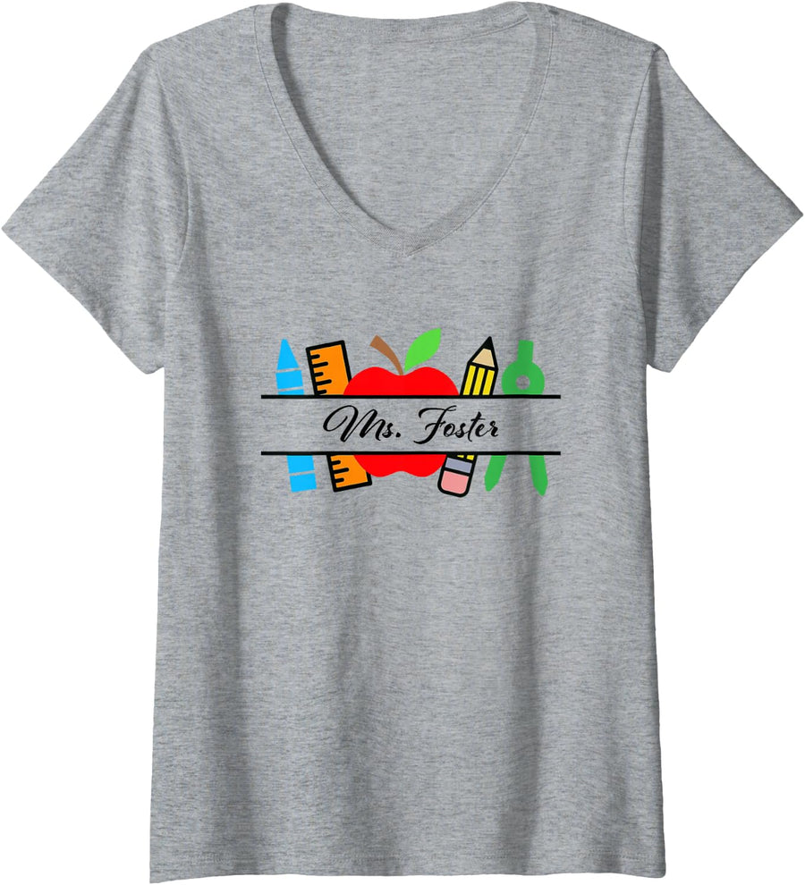 Women's Ms. Foster Teacher Gifts Preschool Kindergarten Teacher Name V-Neck T-Shirt - Heather Grey