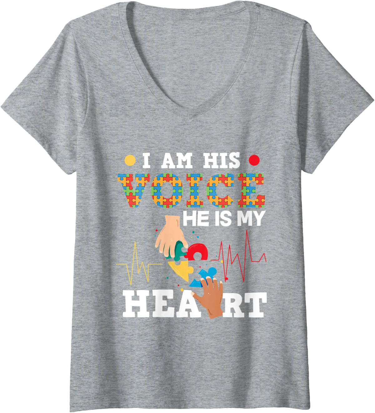 Womens I Am His Voice He Is My Heart Autistic Son Autism Mom V-Neck T-Shirt - Heather Grey