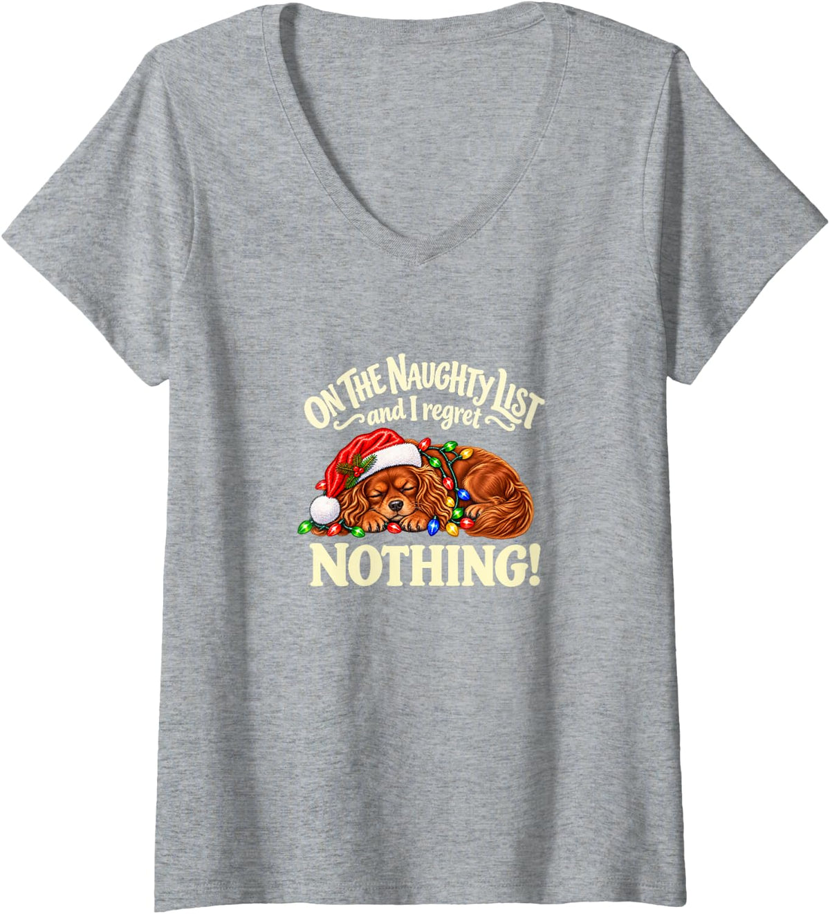 Women's Santa's Naughty List Ruby Cavalier King Charles Spaniel Dog V-Neck T-Shirt - Heather Grey