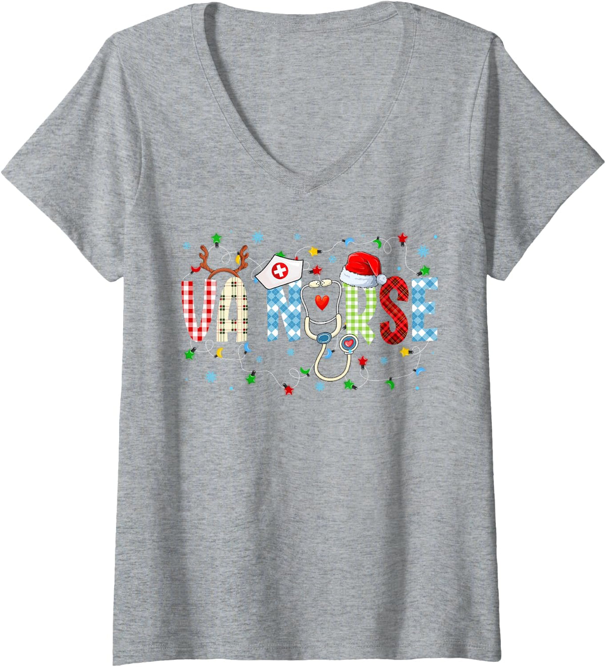 Women's VA Nurse Christmas Stethoscope Nurses Xmas Scrub Top Women V-Neck T-Shirt - Heather Grey