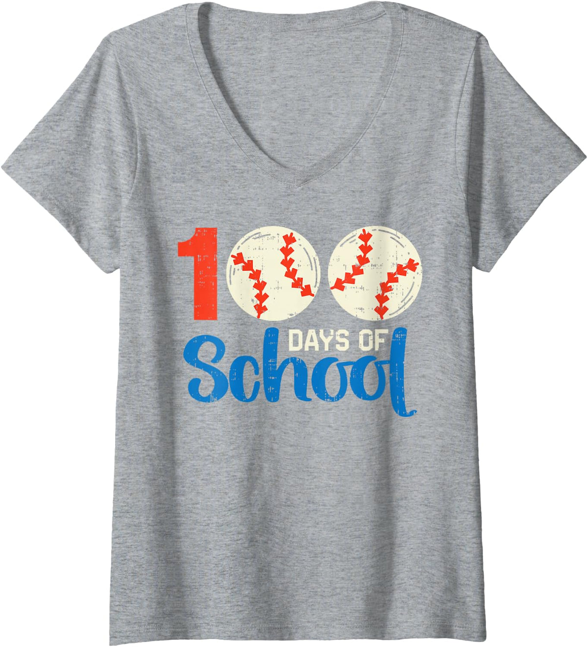 Women's 100 Days School Baseball Softball 100th Day Sport Boy Girl V-Neck T-Shirt - Heather Grey