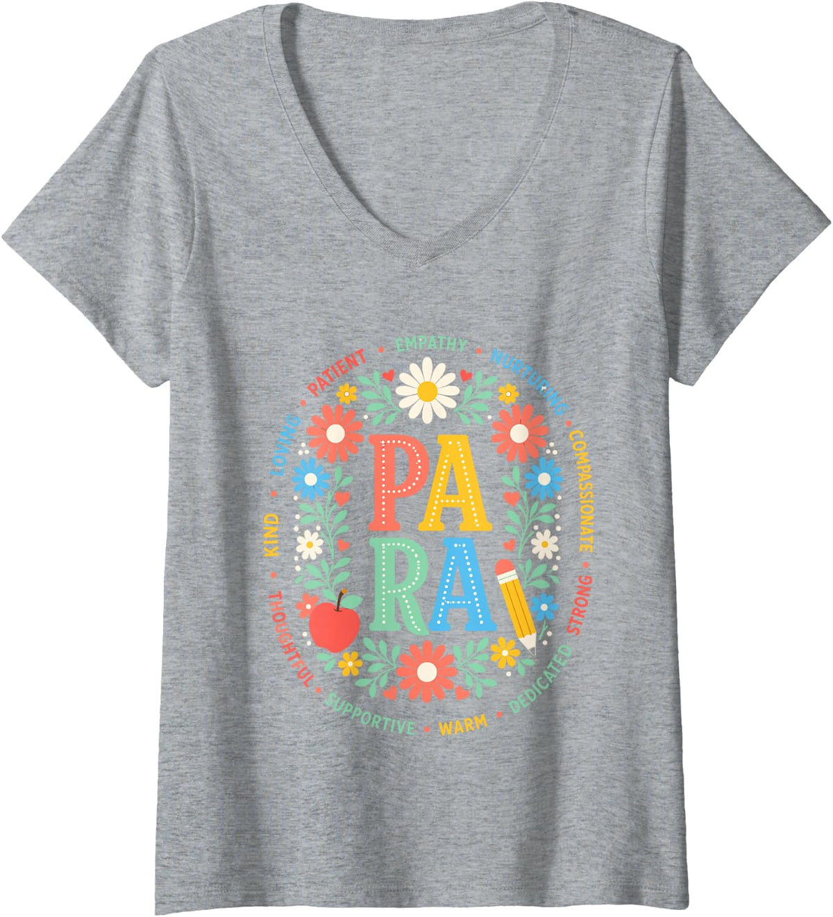Women's para Teacher Floral Paraprofessional Paraeducator School V-Neck T-Shirt - Heather Grey